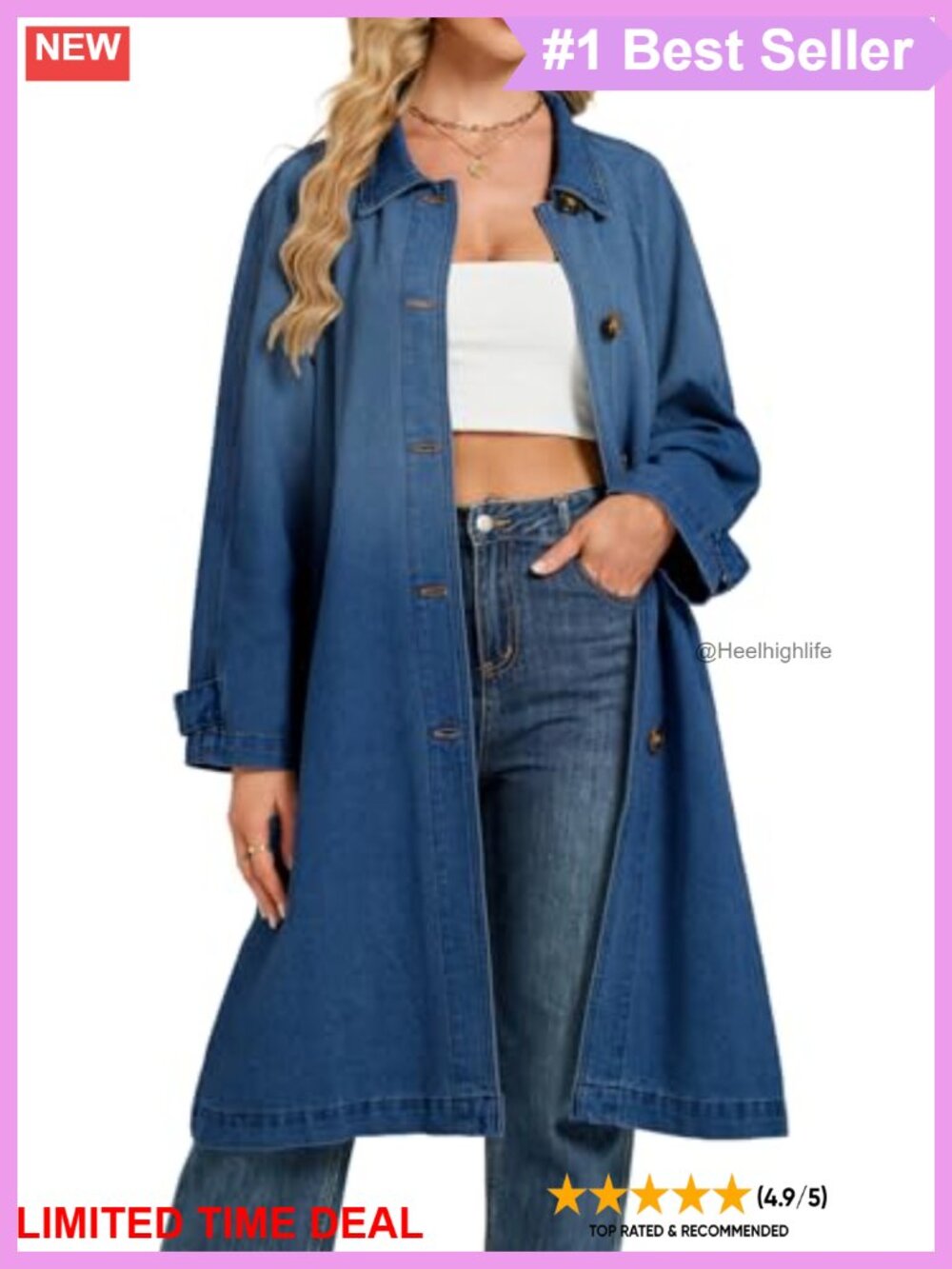 Long Denim Trench Coat Midi Single Breasted Oversized Duster